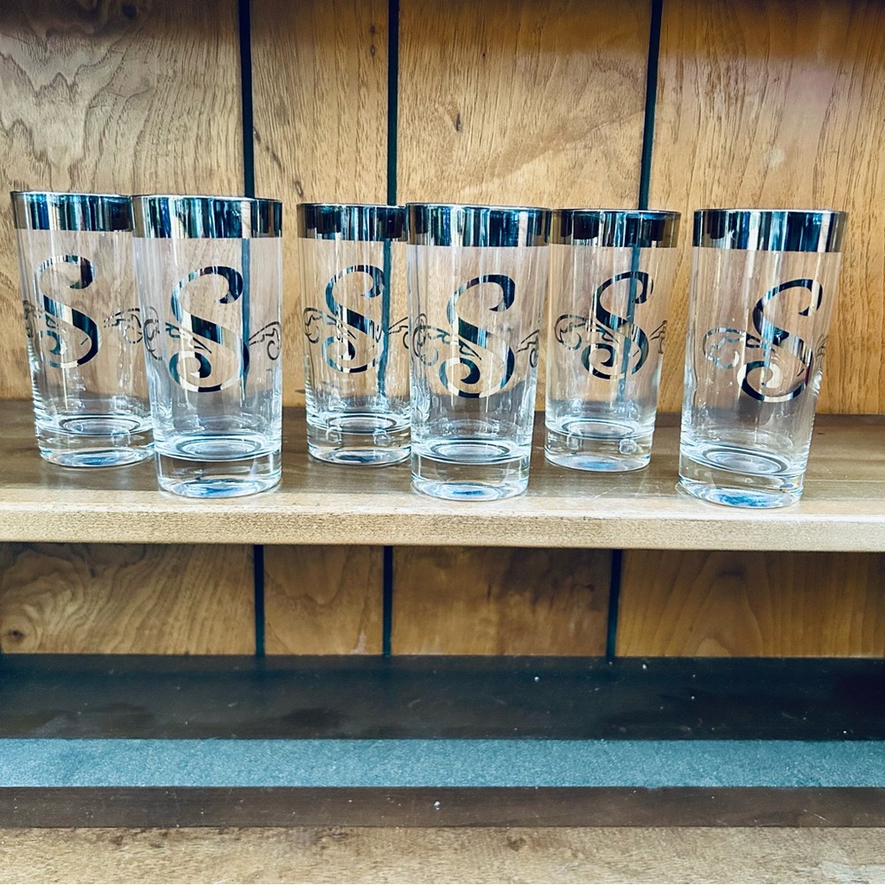 VTG MCM Dorothy Thorpe Style Monogram S Silver Band High Ball Glasses Set Of 6